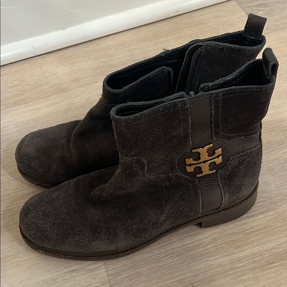 Tory Burch Black Suede Ankle Boots with Gold Logo